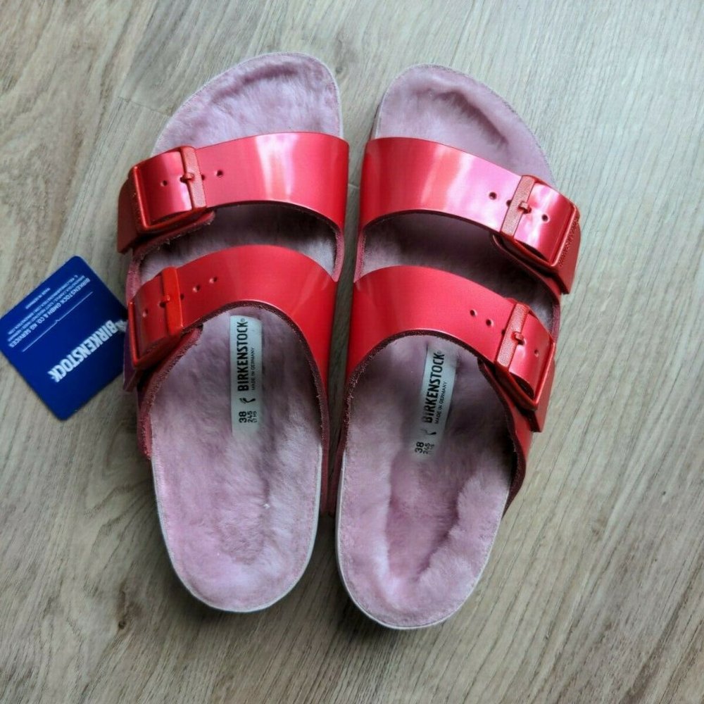 Birkenstock Dark Pink-Red Arizona Sandals with Light Pink Shearling Footbed - Picture 8 of 14